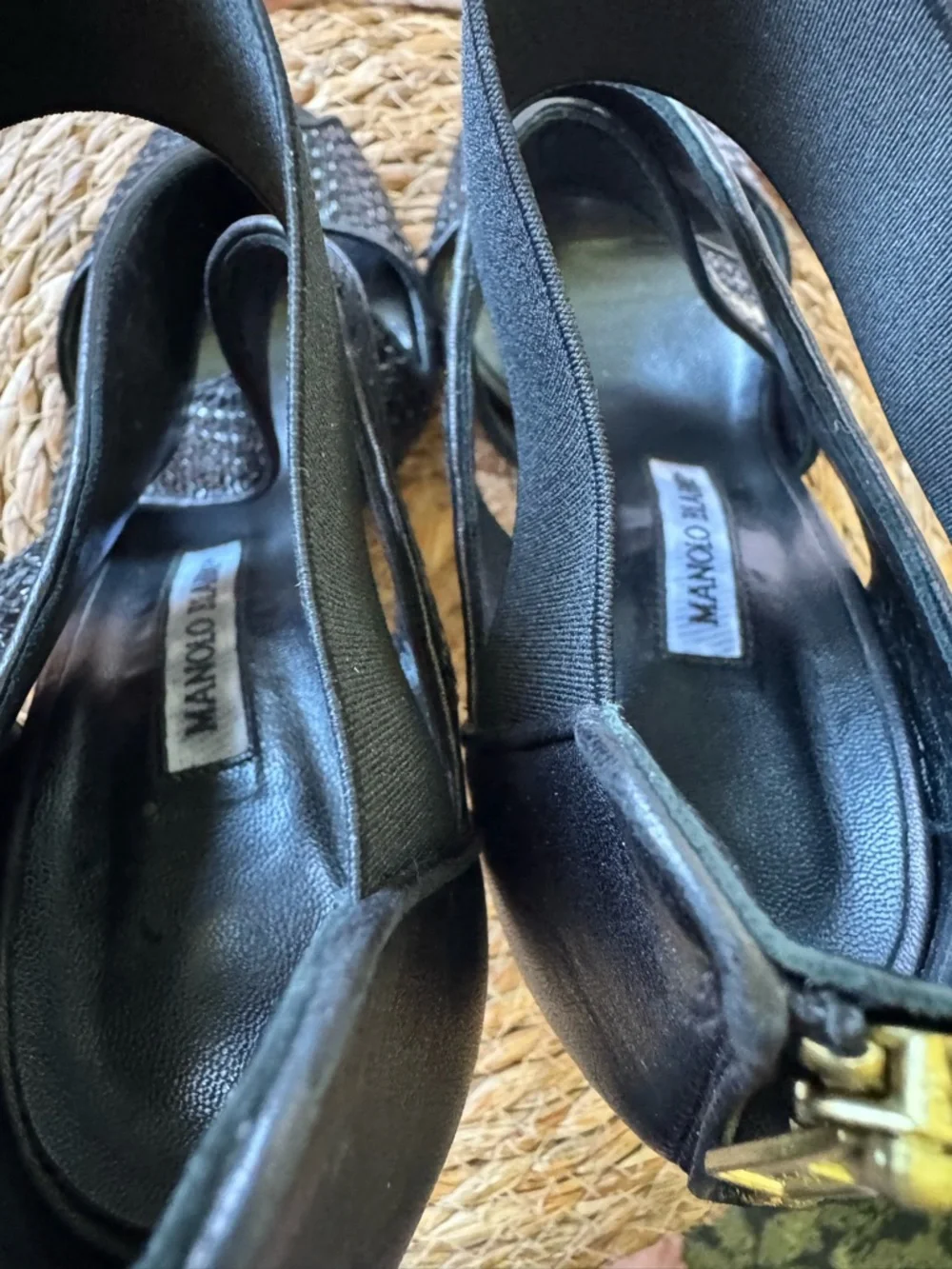 Manolo Blahnik Black Woven Leather Crisscross Peep-Toe Heels - Picture 2 of 8